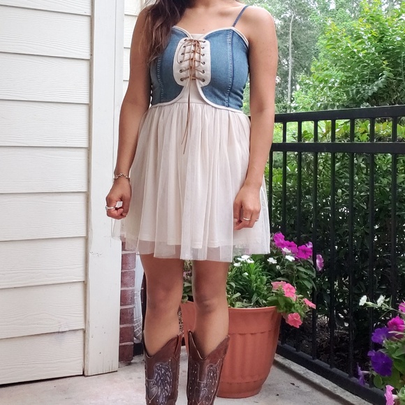 Mustard Seed Dresses & Skirts - Corset laceup denim and tulle dress